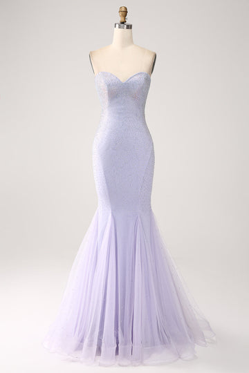 Lilac Havfrue Stropløs Beaded Long Prom Kjole